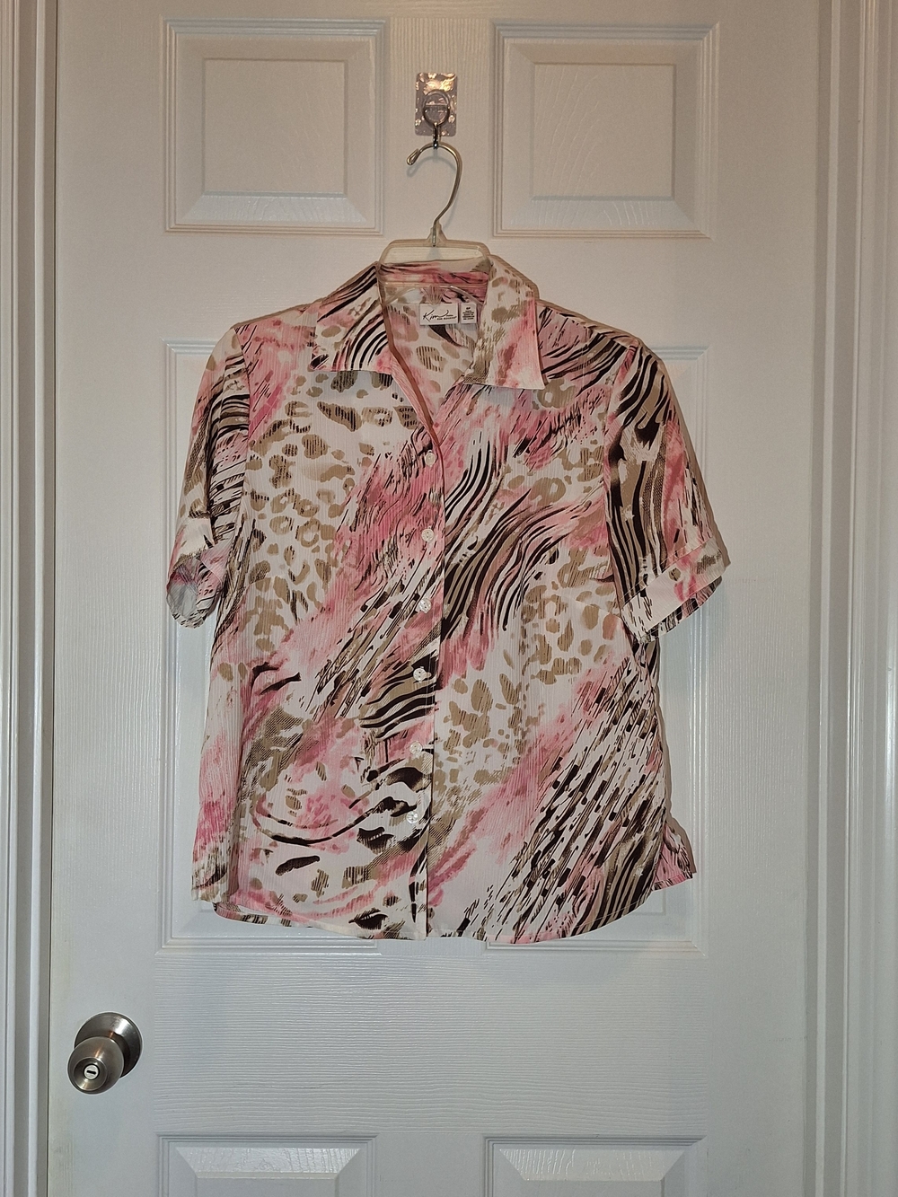 Kim Rogers Petite Pink and Tan Animal-Print Short Sleeve Blouse